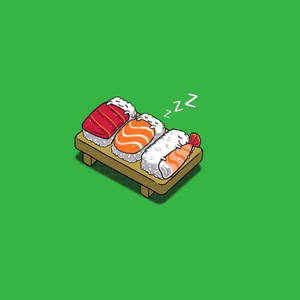 三個壽司卷在木托盤上睡覺，上面有 zzz。 — 壽司 壁紙