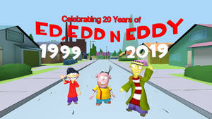 三個卡通男孩在郊區街道上慶祝 Ed Edd n Eddy 20 週年。 — 愛德 愛德 與 艾迪 壁紙