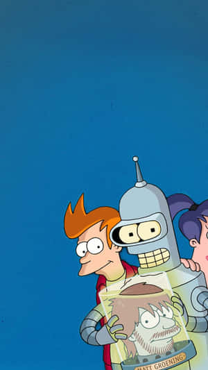 三個卡通角色手持一個標有 Matt Groening 的罐子，裡面有一個鬍鬚臉。 — 飛出個未來 壁紙