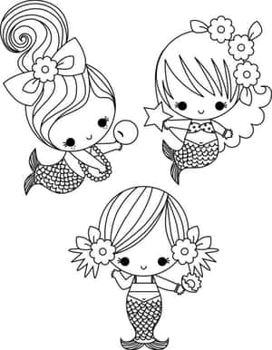 三個卡哇伊美人魚，帶有花卉髮飾和魚尾，黑白線條藝術。 — 乾淨 壁紙