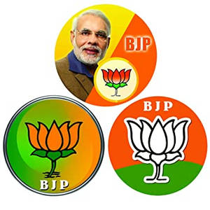 三個BJP政治徽章，以橙色、綠色和黃色呈現莫迪肖像和蓮花符號。 — 印度 壁紙