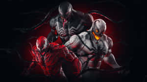 三個共生體角色 Venom Carnage 和另一個紅色共生體在黑暗侵略性的姿勢中。 — 漫威復仇者聯盟 壁紙