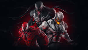 三個共生體角色 Venom Carnage 和另一個變體的侵略性姿勢。 — 漫威復仇者聯盟 壁紙