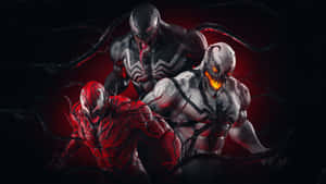 三個共生體角色 Venom Carnage 和另一個紅色共生體在深紅色背景中。 — 漫威復仇者聯盟 壁紙