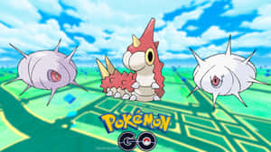 三個寶可夢角色漂浮在帶有Pokémon GO標誌的地圖上方。 — 桌面 壁紙