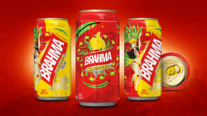 三個色彩繽紛的Brahma啤酒罐，帶有Carnival 2015藝術作品，背景為紅色。 — 啤酒 壁紙