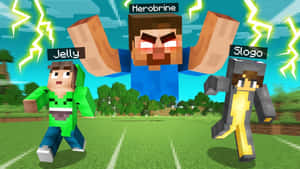 三個Minecraft角色在有閃電的天空下的草地上奔跑。 — 我的世界 壁紙