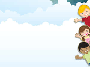 三個微笑的小孩在明亮的天空中從雲後探出頭來。 — Pbs Kids 壁紙