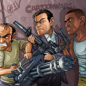 三個憤怒的卡通男人在佈滿塗鴉的小巷中手持武器。 — GTA 聖安地列斯 壁紙