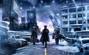 三個戴著防毒面具的人在夜晚走過積雪覆蓋的廢墟城市。 — MacBook Pro M1 壁紙