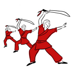 三個身穿紅色制服的男孩正在用彎刀練習武術。 — 運動 壁紙