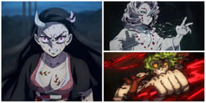 三個有角和發光眼睛的動漫惡魔角色，在黑暗充滿動作的姿勢中。 — 鬼滅之刃 壁紙