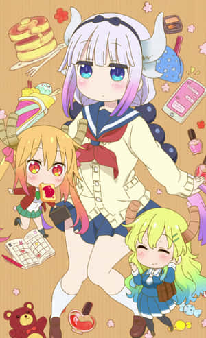 三個有角的動漫女孩穿著校服，被糖果和小工具包圍。 — 紅米K Pad 壁紙
