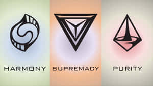 三個幾何標誌，上面寫著 harmony supremacy purity，背景為彩色。 — 電玩遊戲 GIF 壁紙