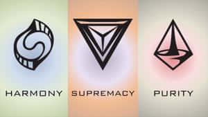三個抽象幾何標誌，標有 harmony supremacy purity，位於柔和彩色背景上。 — 電玩遊戲 GIF 壁紙