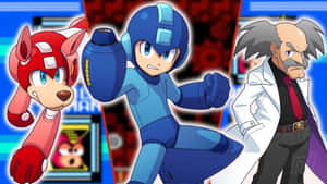 Mega Man、Roll和Dr. Wily在動態的動漫風格電玩場景中。 — 洛克人 壁紙