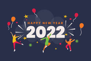 三個人圍繞著「Happy New Year 2022」跳舞，伴有氣球和星星。 — 新年快樂 2020 壁紙