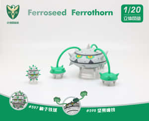 進化套裝中的 Ferroseed 和 Ferrothorn 寶可夢公仔，帶有綠色尖刺和黃色眼睛。 — 高清 壁紙