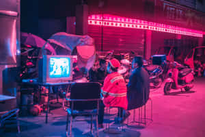 三個男人在雜亂的城市小巷中，在紅色霓虹燈下看電視。 — 霓虹燈 壁紙