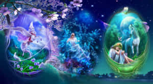 三個發光球體展示魔法場景，有獨角獸、仙女、女孩和馬在星空下。 — 神話生物 壁紙