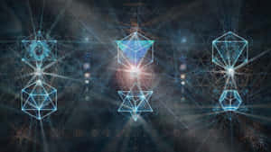 三個發光的幾何晶體結構在宇宙抽象數位藝術場景中散發光芒。 — 靈性動圖 壁紙