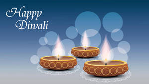 三個點燃的排燈節燈在蕾絲上，背景為藍色，帶有「Happy Diwali」文字。 — 排燈節快樂 壁紙