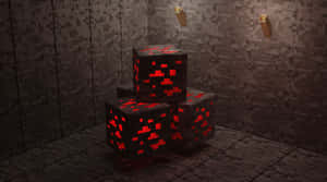 三個發光的紅色熔岩方塊在Minecraft風格石室中，配有火炬。 — 我的世界 鑽石 壁紙
