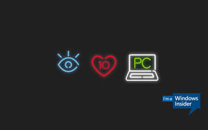 深色背景上帶有 Windows Insider 文字的眼睛、心臟和筆記型電腦的霓虹圖標。 — 藍色美學電腦 壁紙
