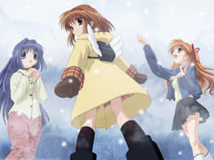 三個穿著冬季服裝的動漫女孩站在雪景中，帶有閃閃發光的效果。 — 霧濛濛的森林 壁紙