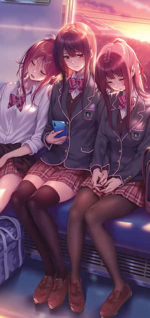 三個動漫女學生在日落時分坐在火車長凳上，其中一個拿著電話。 — 孤獨 壁紙