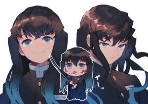 三個穿著校服的動漫角色，其中一個是小小的chibi拿著劍，臉上沾血。