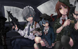 三個穿著校服的動畫女孩在車內持槍，正值下雨。 — 動畫女孩 壁紙