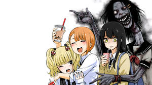 三個動漫女孩開心地喝著珍珠奶茶，身後有一個殭屍。 — 八重神子 壁紙