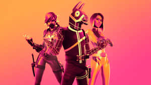 三個穿著發光未來裝備的Fortnite角色在粉紅橙色漸變前擺姿勢。 — 酷炫的《要塞英雄》 壁紙