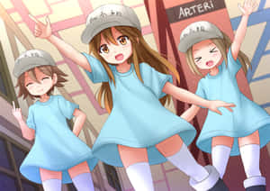 三個穿著藍色服裝和帽子的動畫女孩在城市環境中開朗地擺姿勢。 — 細胞的工作 壁紙