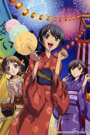 三個穿和服的女孩在有煙花的夜晚節日吃棉花糖。 — 特別的 壁紙