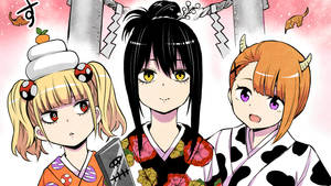 三個穿著和服的動畫女孩在神社，有精靈和落葉。 — 日式 壁紙