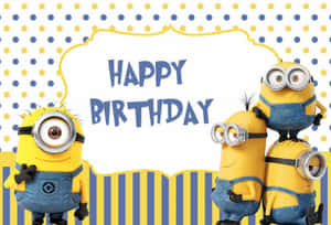 三個穿著藍色工裝褲的Minions用節日標誌慶祝生日。 — 生日快樂蛋糕 壁紙