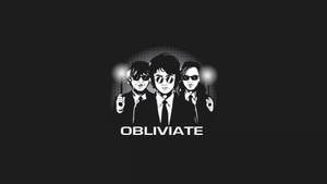 三個穿著西裝和太陽眼鏡的插圖人物，手持發光魔杖，下方有 obliviate 一詞。 — 可愛黑白 壁紙