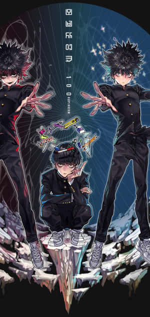 三個穿著校服的動畫男孩在一個破爛的冰平台上，有漂浮的鉛筆。 — Galaxy A17 壁紙