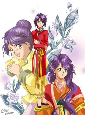 三個紫發動漫女孩穿著色彩繽紛的傳統服裝，被花朵環繞。 — 不思議遊戯 壁紙