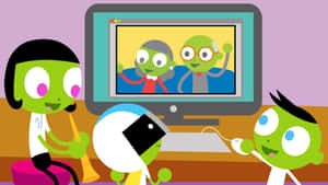 三個綠色卡通小孩正在玩顯示外星人角色的電腦。 — Pbs Kids 壁紙