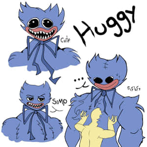 藍色毛茸茸的卡通角色，有尖牙和領結，標記為 cute simp 和 huggy。 — Huggy Wuggy GIF 壁紙