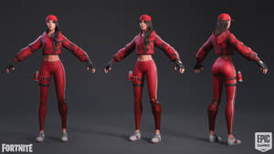 Fortnite女性角色身穿紅色運動服，從正面、側面和背面展示。 — 紅寶石 堡壘之夜 壁紙