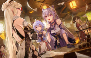 三個貓耳動漫女孩在一間傳統木製酒館中，有溫暖的燈籠。 — Steam Deck 壁紙