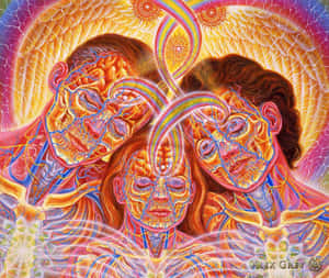 三個發光的臉，帶有神經路徑和光環，在迷幻的宇宙場景中。 — 稜鏡 壁紙