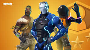 三個身穿未來風格服裝的 Fortnite 遊戲角色，帶著發光點綴擺姿勢。 — 忍者 要塞英雄 壁紙
