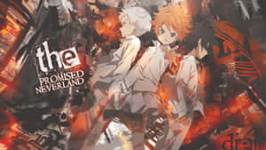 三個身穿白色制服的動畫小孩在火災破壞之中，標題「The Promised Neverland」。 — iMac 壁紙