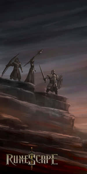 三位奇幻戰士在黃昏時分的懸崖上，手持武器準備戰鬥。 — Google Pixel 3 壁紙