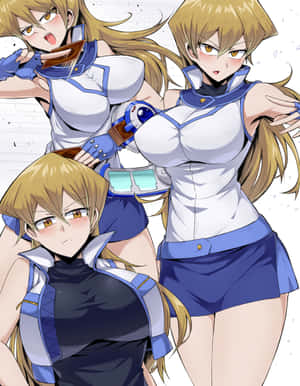 三個身穿藍白制服的動漫女孩以堅定表情擺姿勢。 — 中性 壁紙